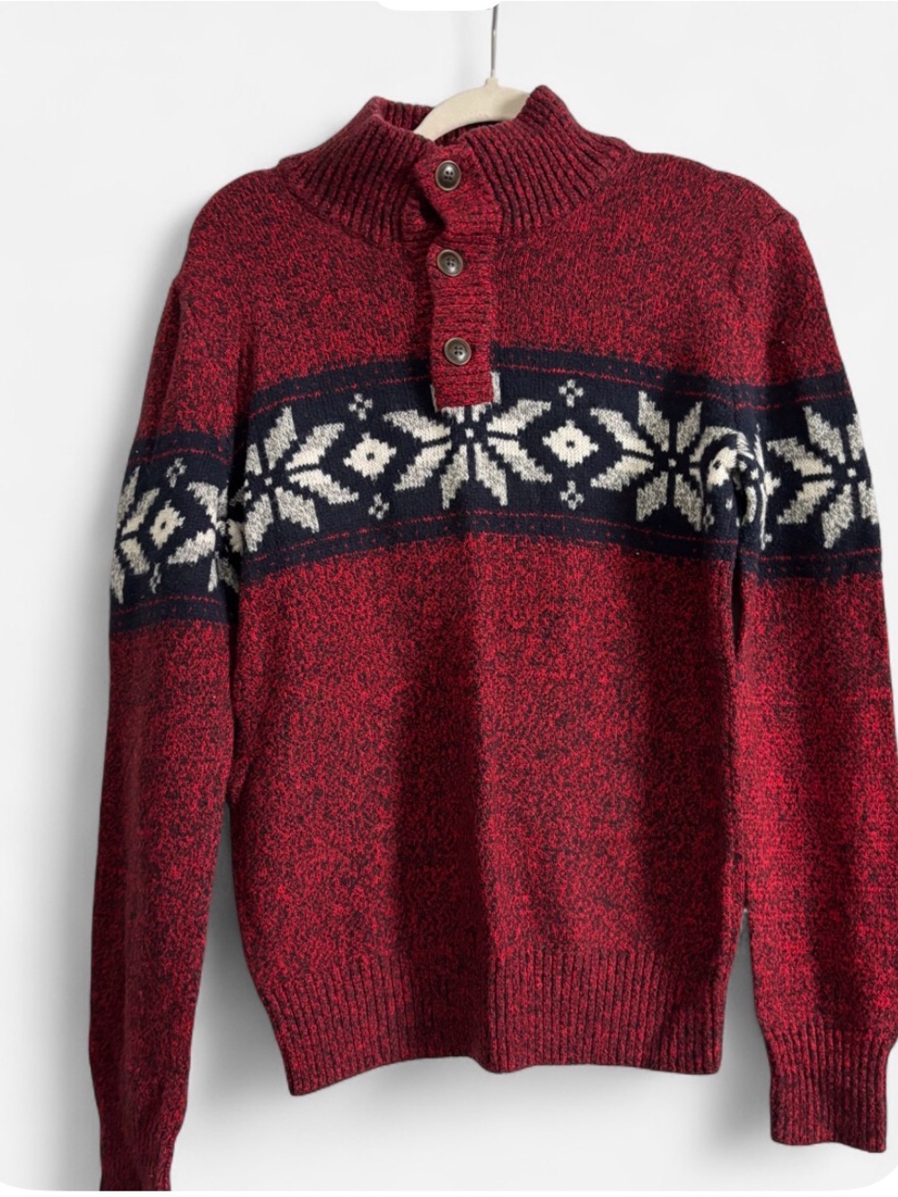 American Eagle Outfitters Red Fair Isle Zip-Up Mock Neck Sweater